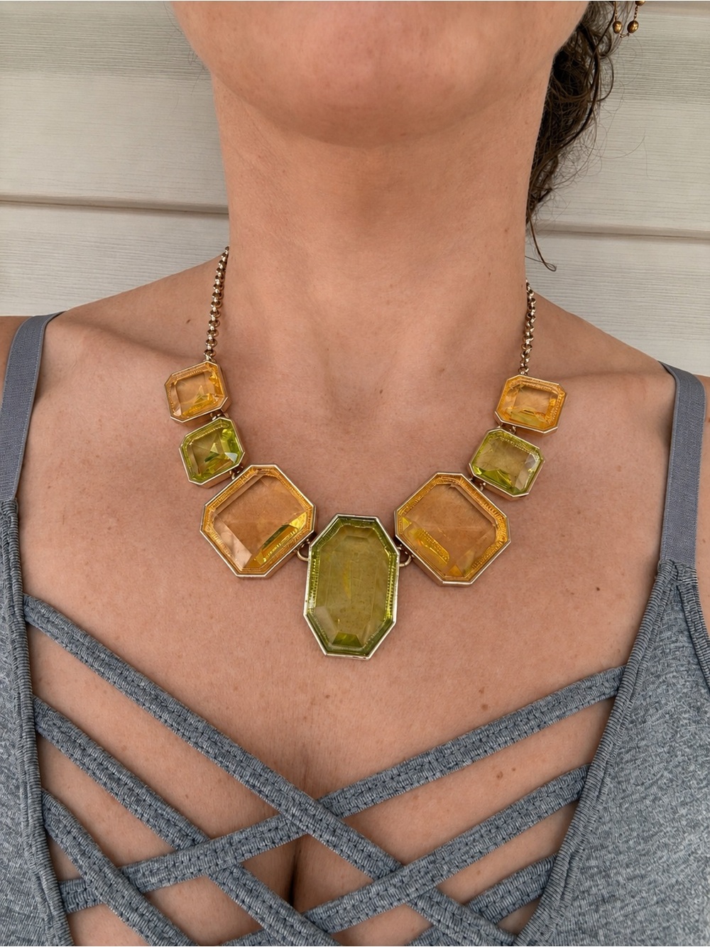 Vintage Ann Taylor Green and Amber Gem Statement Necklace Chunky Gold Tone